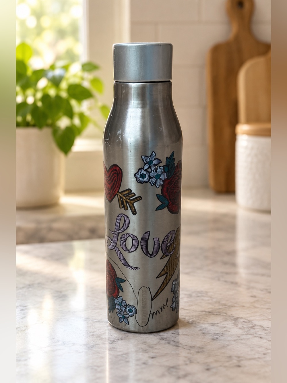 Starbucks Love Tattoo Floral Stainless Steel Water Bottle 13 oz